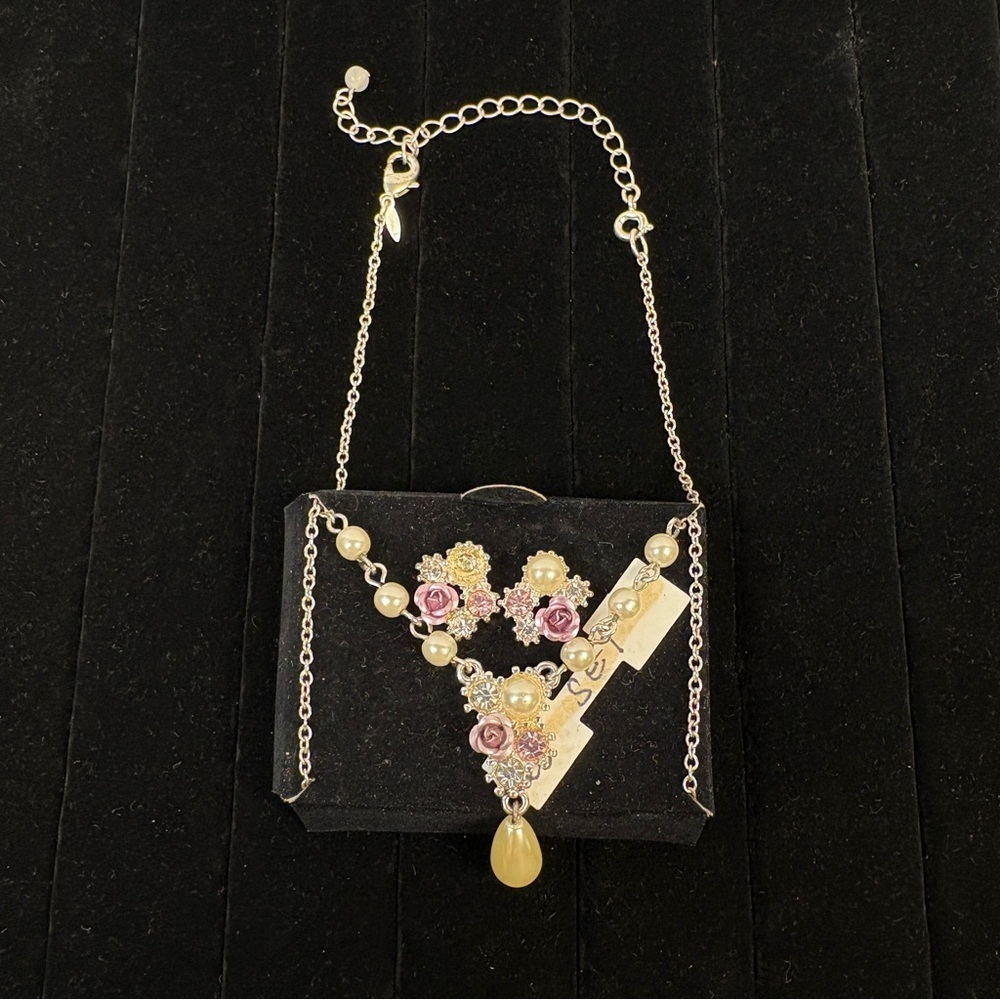Pink Flower Pearl & Crystal Detail Necklace Earring Set
